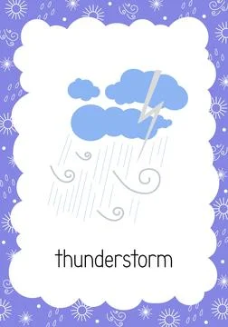 Weather flash card Thunderstorm topical vocabulary learning printable Illustrazione stock