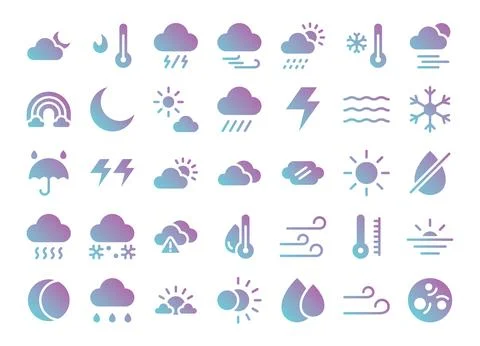 Weather flat gradient icons set. The collection includes in business, UI UX.. Illustrazione stock