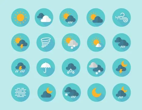 Weather flat icons. Interface infographic elements with sun clouds rain fog wind 스톡 일러스트