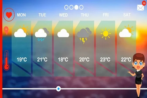 Weather Forecast - 2D Vector Animation - Weather woman - sunrise in the cloud Stock Footage 94472720