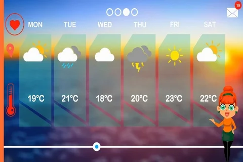 Weather Forecast - 2D Vector Animation - Weather woman - sunrise in the cloud Stock Footage 94472727