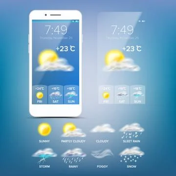 Weather Forecast App Vector. Blue Background. Application Of Science And Illustrazione stock
