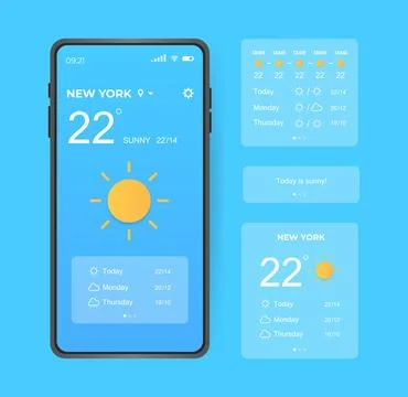 Weather Forecast App Widget Screen Application. UI, UX elements Stock Illustration