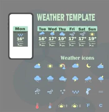 Weather forecast application for smartphone with a set of weather icons Stock Illustration