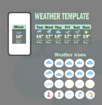 Weather forecast application for smartphone with set of flat vector weather i Stock Illustration