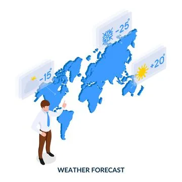 Weather forecast concept. Man in front of world map tells about weather.  Stock Illustration
