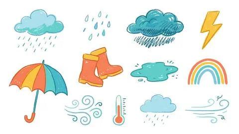Weather forecast icon set with clouds rain umbrella lightning rainbow and t.. Stock Illustration