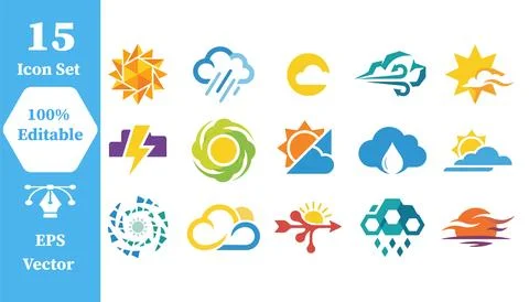 Weather forecast icon set with meteorological symbols climate change forecast Stock Illustration