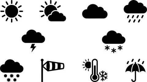 Weather forecast icons set featuring sun clouds rain and climate conditions. Stock Illustration