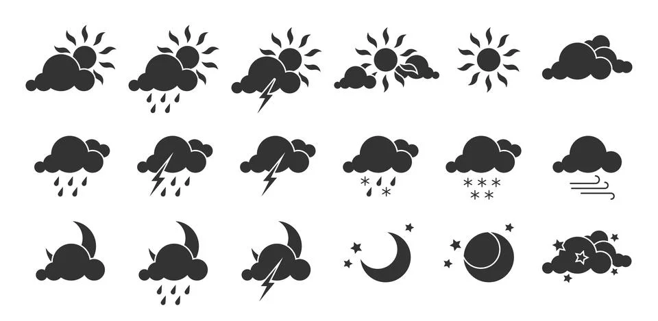 Weather forecast interface element black glyph set Stock Illustration