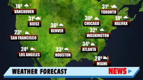 Weather forecast shown on map of USA. illustration with city names, tempera.. Stock Illustration