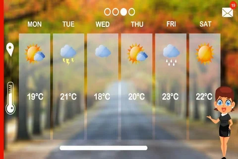 Weather Forecast - Vector Animation - Weather Girl - Autumn Road - young woma Stock Footage 94438556