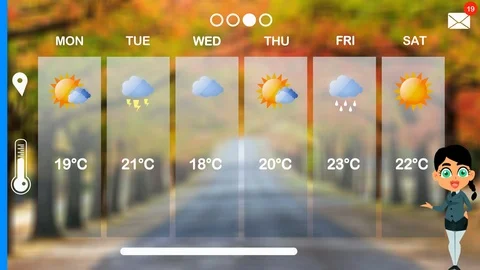 Weather Forecast - Vector Animation - Weather Girl - Autumn Road - school gir Stock Footage 94439133
