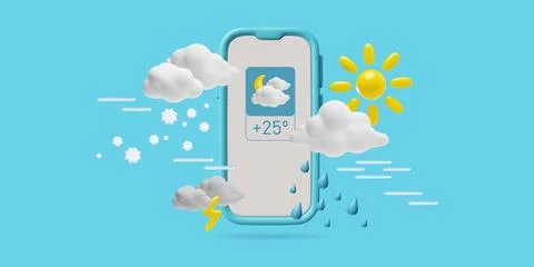 Weather forecast widget with various conditions on smartphone screen 3D design Stock-Illustration