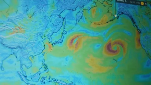 Weather forecast on world map on computer screen. Web service showing heatwave Stock Footage 272790017
