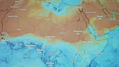 Weather forecast on world map on computer screen. Web service showing humidity Stock Footage 272791668