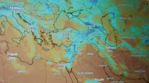Weather forecast on world map on computer screen. Web service showing humidity Stock Footage 272791770