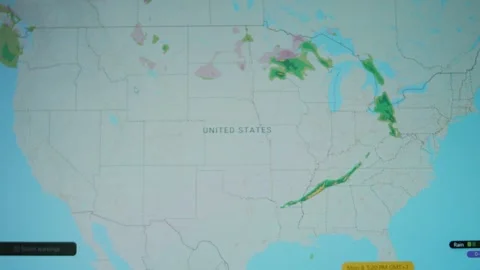 Weather forecast on world map on computer screen. Web service showing lightning Stock Footage 272799859