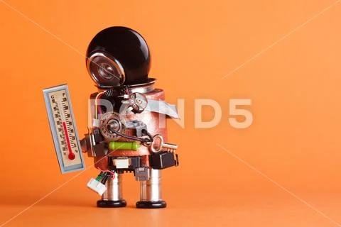 Weather forecaster robot looking thermometer comfort room temperature 21 degree Stock Photos