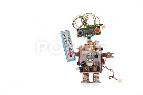 Weather forecaster robot with thermometer displaying room temperature thermal Stock Photos