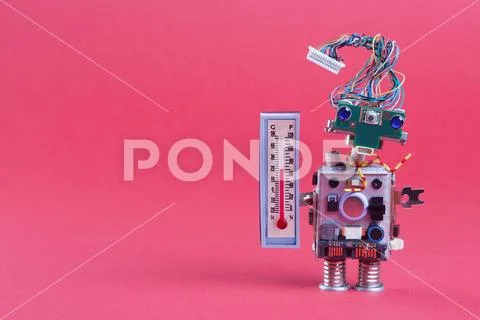 Weather forecasting concept photo. Robot weathermen with thermometer displaying Stock Photos