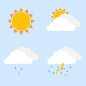 Weather icon. Partly cloudy, light rain, storm. Cloud, sun, drops of rain. イラスト素材