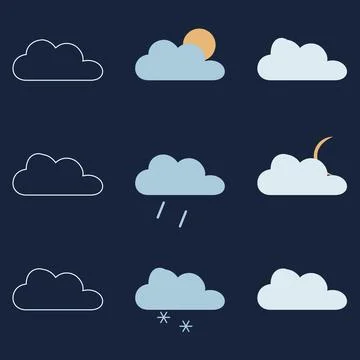 Weather icon set featuring clouds with sun moon rain and snow on dark blue .. Stock Illustration