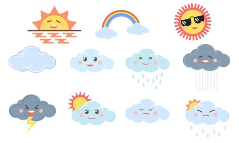 Weather Icon Set Featuring Cute Sun, Cloud, Rainbow, Rain, and Storm Charac.. Иллюстрация