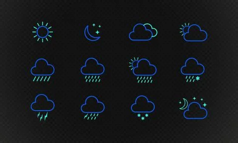 Weather icon set. Sunny, cloudy, snowing, rainy sign. Vector on isolated back Stock Illustration