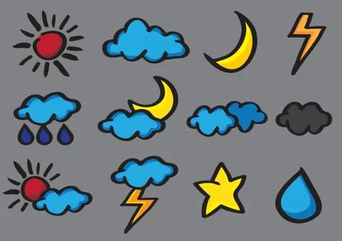 Weather Icon Set Vector Cartoon Doodle Stock Illustration