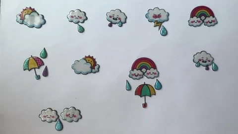 Weather Icons, Featuring Clouds, Rain, and Sun on White Background Stock Footage 312836191