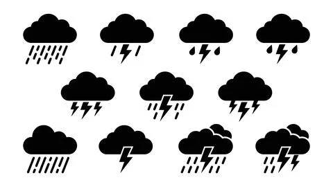 Weather icons set with clouds rain and lightning. Stock Illustration