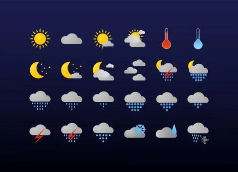 Weather icons set. Flat vector symbols on dark background. Stock Illustration