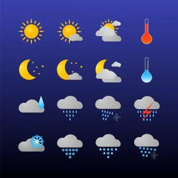 Weather icons set. Flat vector symbols on dark background. Illustrazione stock