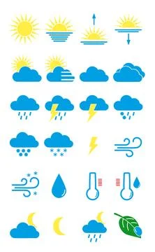 Weather icons set of sun, clouds, rain, snow, wind, temperature, leaf Stock Illustration