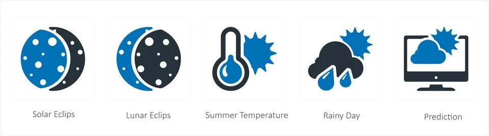 Weather icons such as solar eclipse, lunar eclipse and summer temperature 스톡 일러스트