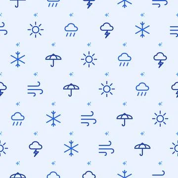 Weather line icon seamless pattern with sun, rain cloud, thunderstorm, Stock Illustration