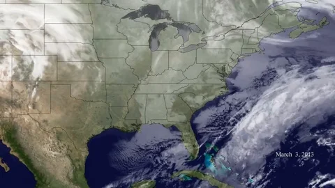 A weather map shows various storms passing the East Coast of the US. Stock Footage 123363899