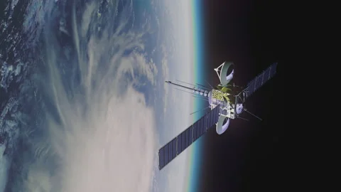 Weather, military or communications Satellite in earth orbit. Planet surface Stock Footage 166104736