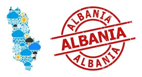 Weather Pattern Map of Albania and Scratched Stamp Stock Illustration