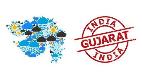 Weather Pattern Map of Gujarat State and Rubber Stamp Seal Stock Illustration