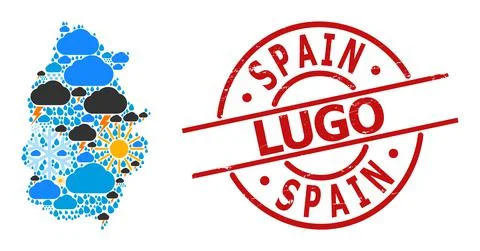 Weather Pattern Map of Lugo Province and Textured Stamp Seal Illustrazione stock