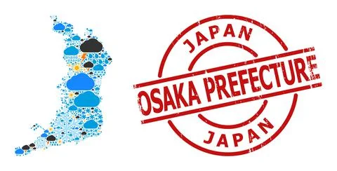 Weather Pattern Map of Osaka Prefecture and Textured Badge Stock Illustration
