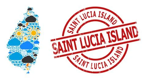 Weather Pattern Map of Saint Lucia Island and Scratched Stamp Seal Stock Illustration