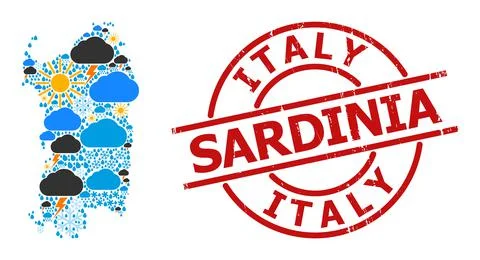 Weather Pattern Map of Sardinia Region and Scratched Stamp Illustrazione stock