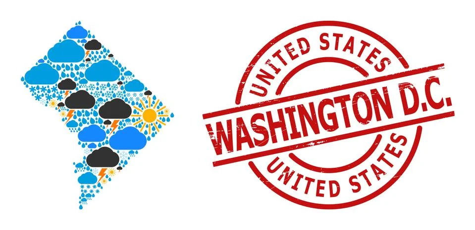 Weather Pattern Map of Washington DC and Scratched Stamp Seal 스톡 일러스트