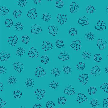 Weather pattern sun and moon with stars in sky, white clouds with rain drops and Stock Illustration