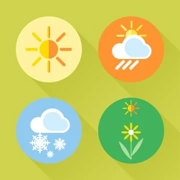 Weather set flat style. Sun, snow, clouds, flower, harvest. Digital vector im Stock Illustration