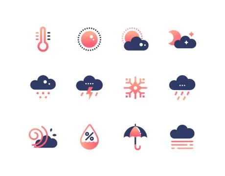 Weather types symbols - set of flat design style icons Stock Illustration