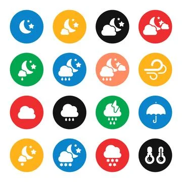 Weather vector icon set. Weather forecast night trendy coloured modern icons. Stock Illustration